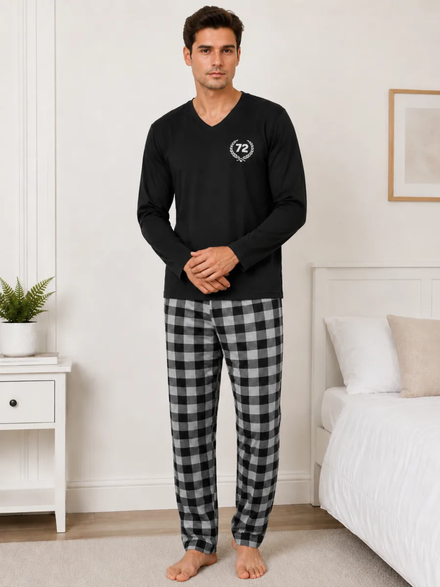 Pijama barbat Serena cu maneca lunga si pantalon lung-Negru, Engros — Image 2
