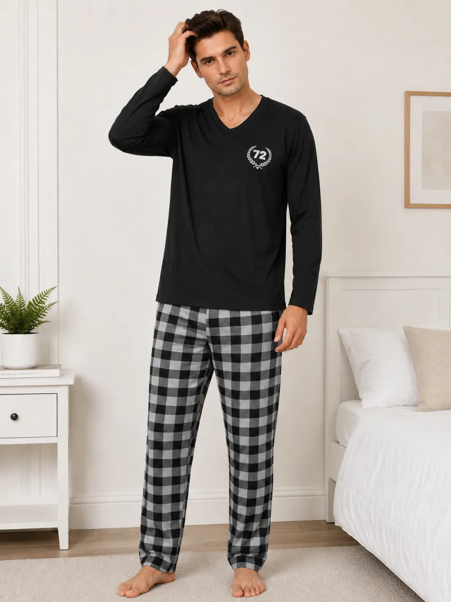 Pijama barbat Serena cu maneca lunga si pantalon lung-Negru, Engros — Image 3