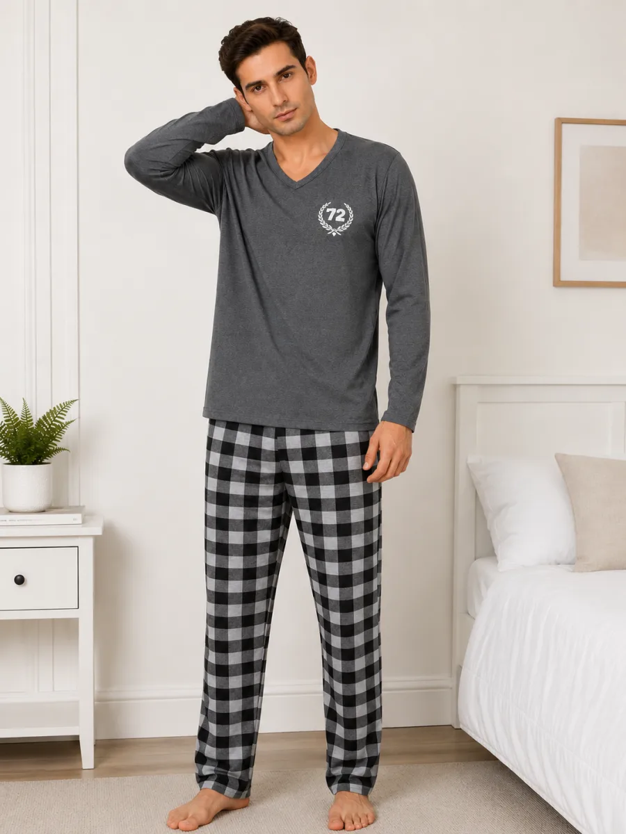 Pijama barbat Serena cu maneca lunga si pantalon lung-Gri, Engros — Image 2