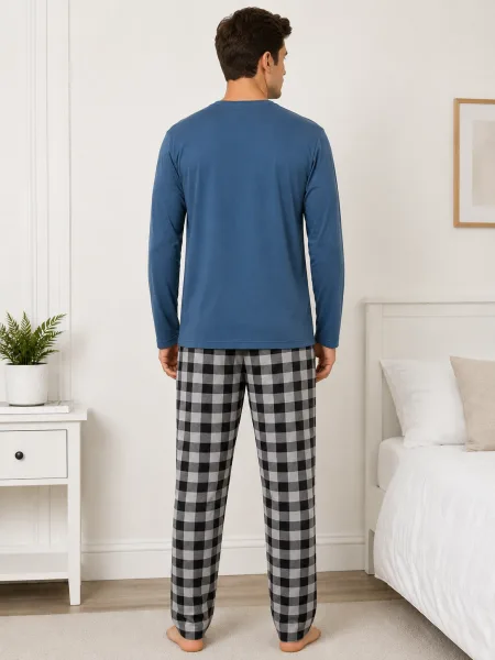 Pijama barbat  Serena cu maneca lunga si pantalon lung-Albastru, Engros