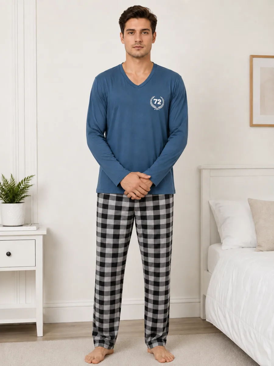 Pijama barbat  Serena cu maneca lunga si pantalon lung-Albastru, Engros — Image 2