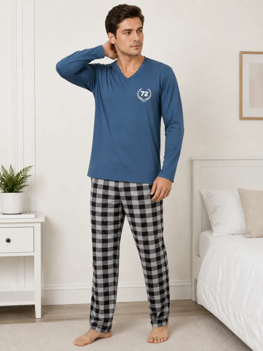 Pijama barbat  Serena cu maneca lunga si pantalon lung-Albastru, Engros — Image 3