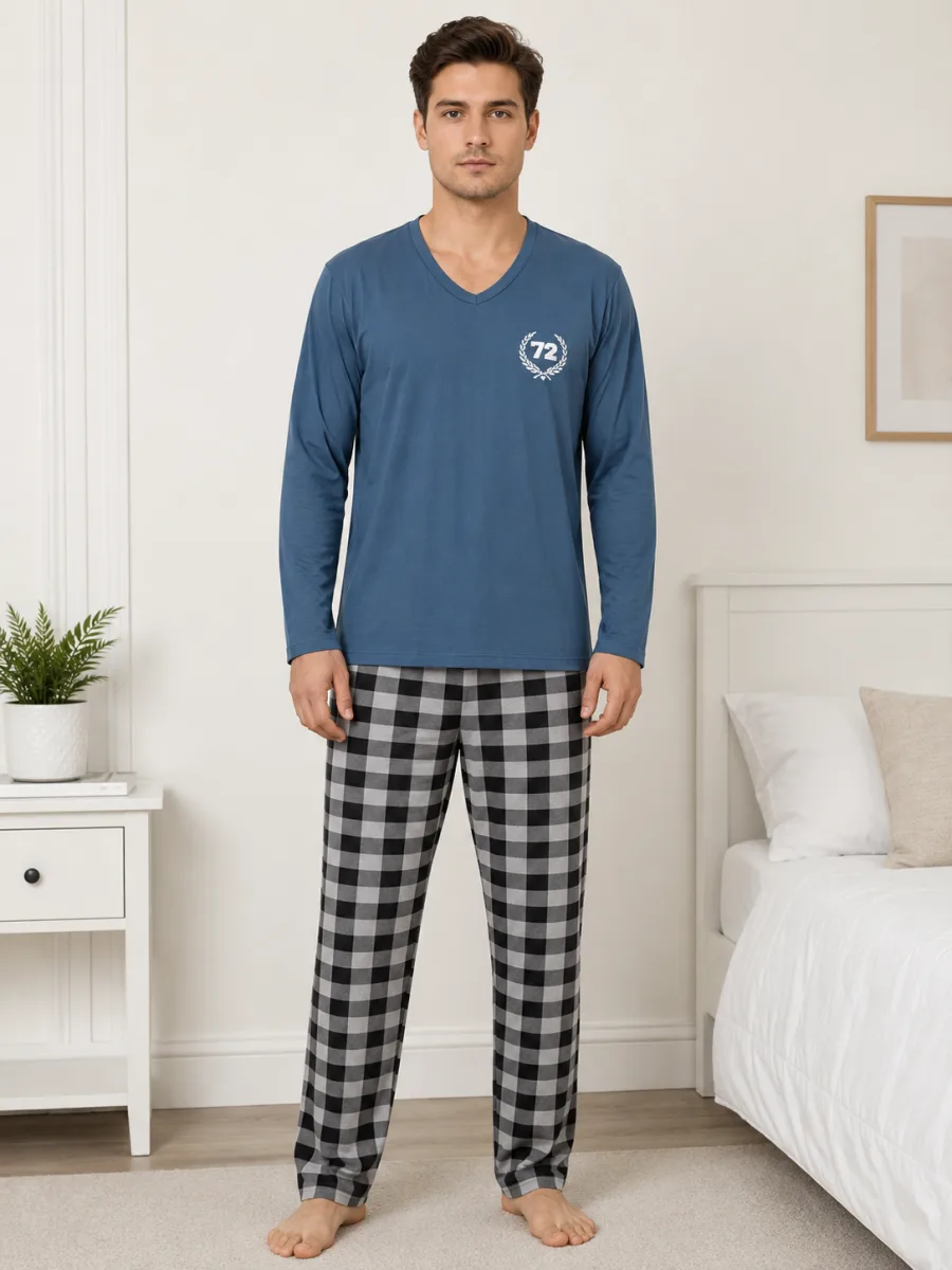 Pijama barbat  Serena cu maneca lunga si pantalon lung-Albastru, Engros — Image 4