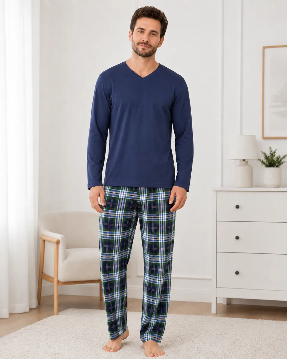 Pijama barbati Serena cu maneca lunga si pantalon lung-Bleumarim, Engros — Görsel 2