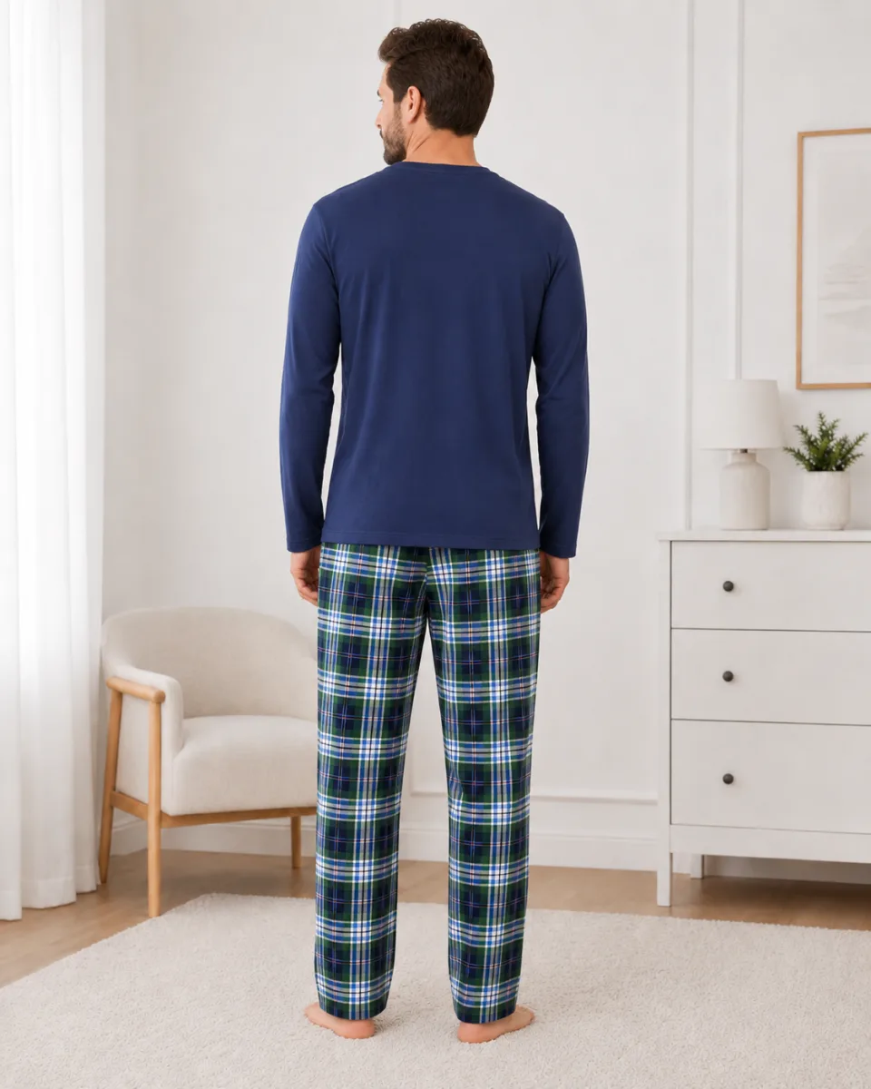 Pijama barbati Serena cu maneca lunga si pantalon lung-Bleumarim, Engros — Görsel 4