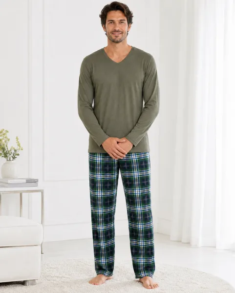 Pijama barbati Serena cu maneca lunga si pantalon lung-Kaki ,Engros