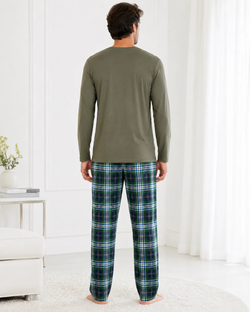 Pijama barbati Serena cu maneca lunga si pantalon lung-Kaki ,Engros — Görsel 4