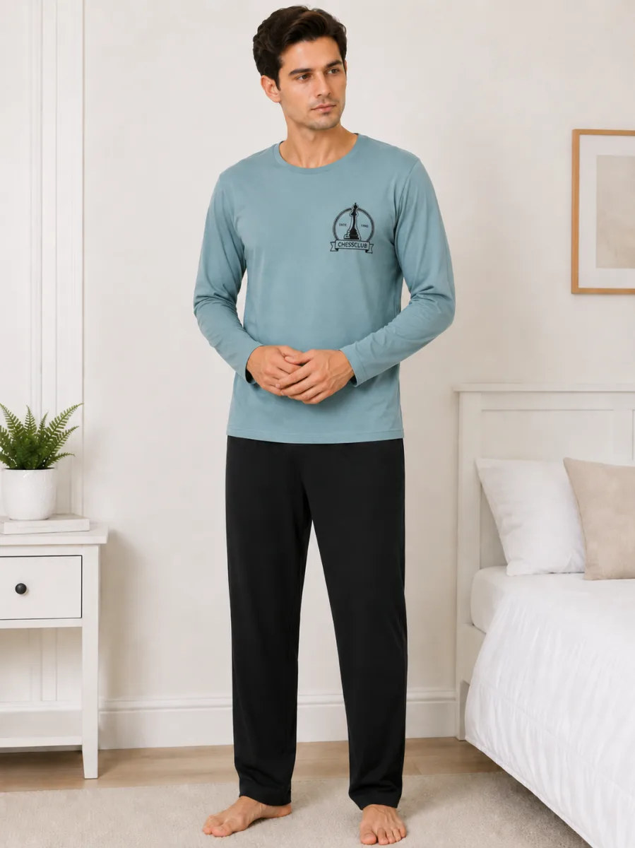 Pijama barbati Serena cu maneca lunga si pantalon lung-Albastru deschis,Engros — Image 2