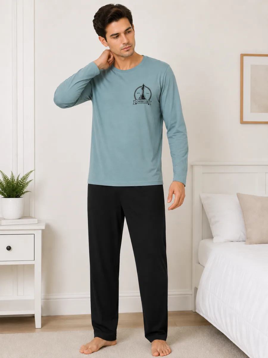 Pijama barbati Serena cu maneca lunga si pantalon lung-Albastru deschis,Engros — Image 3