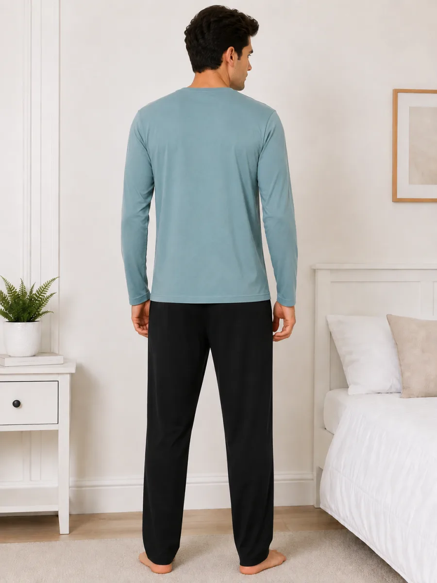 Pijama barbati Serena cu maneca lunga si pantalon lung-Albastru deschis,Engros — Image 4