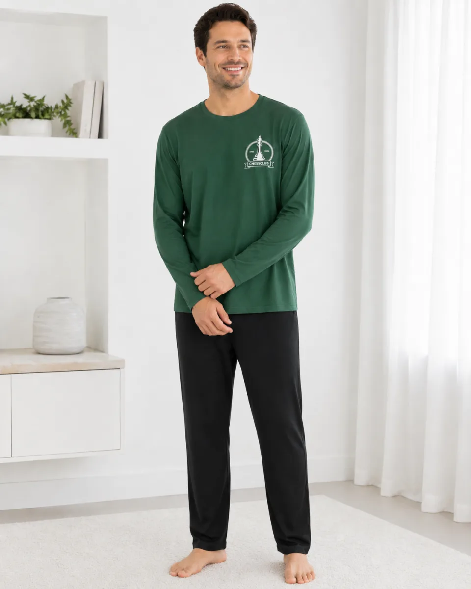 Pijama barbati Serena cu maneca lunga si pantalon lung-Verde,Engros — Imaginea 2