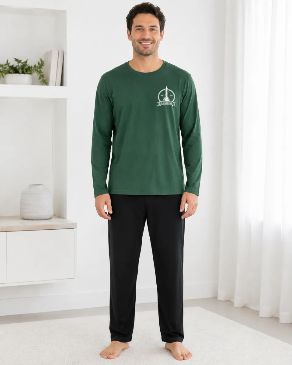 Pijama barbati Serena cu maneca lunga si pantalon lung-Verde,Engros — Imaginea 3