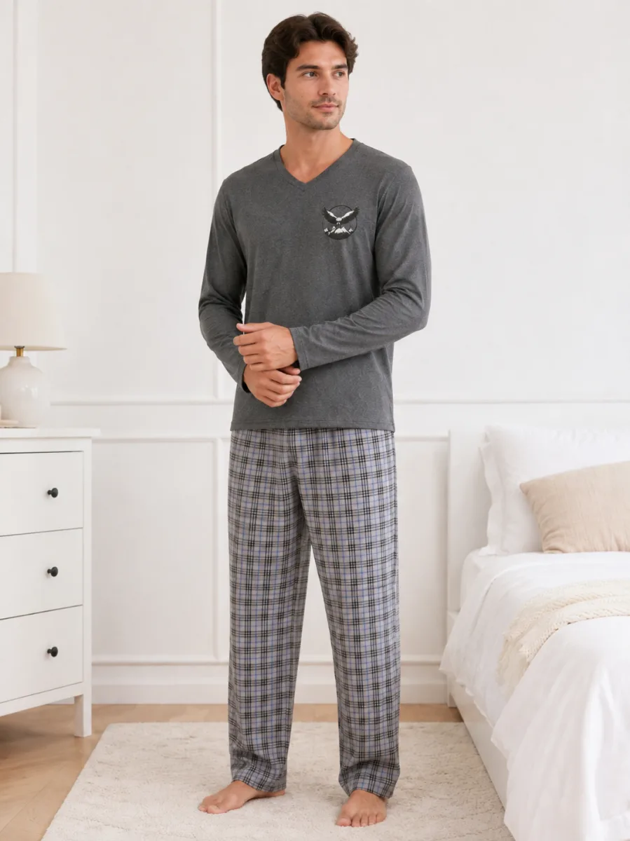 Pijama barbati Serena cu maneca lunga si pantalon lung-Gri ,Engros — Görsel 2