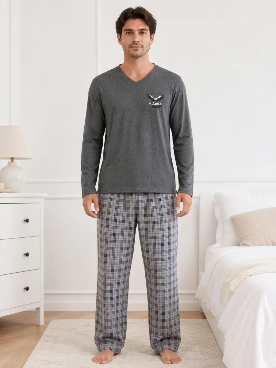Pijama barbati Serena cu maneca lunga si pantalon lung-Gri ,Engros — Görsel 3
