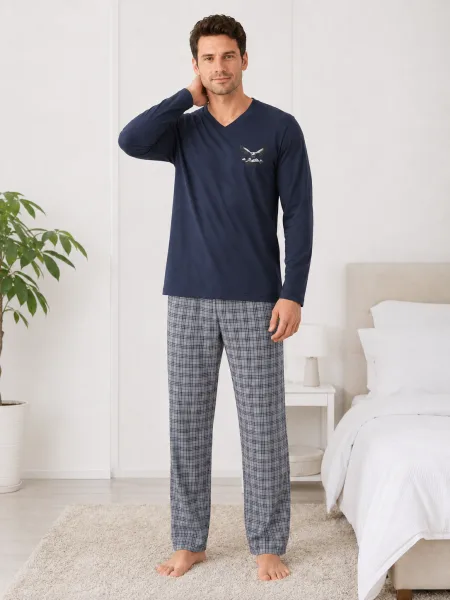 Pijama barbati Serena cu maneca lunga si pantalon lung -Bleumarin ,Engros