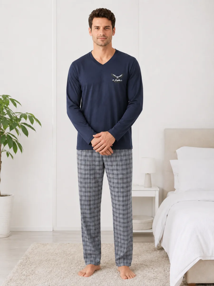 Pijama barbati Serena cu maneca lunga si pantalon lung -Bleumarin ,Engros — Görsel 2
