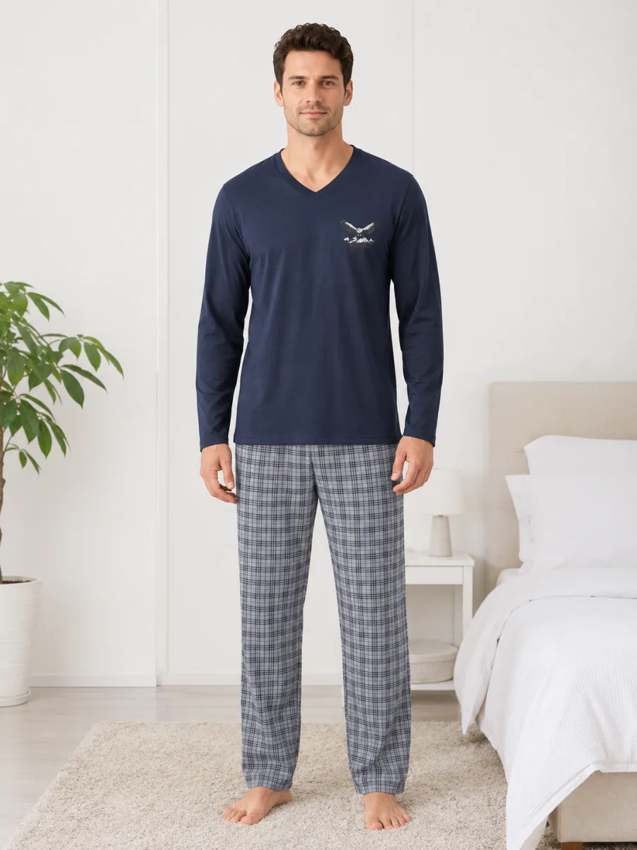 Pijama barbati Serena cu maneca lunga si pantalon lung -Bleumarin ,Engros — Görsel 3