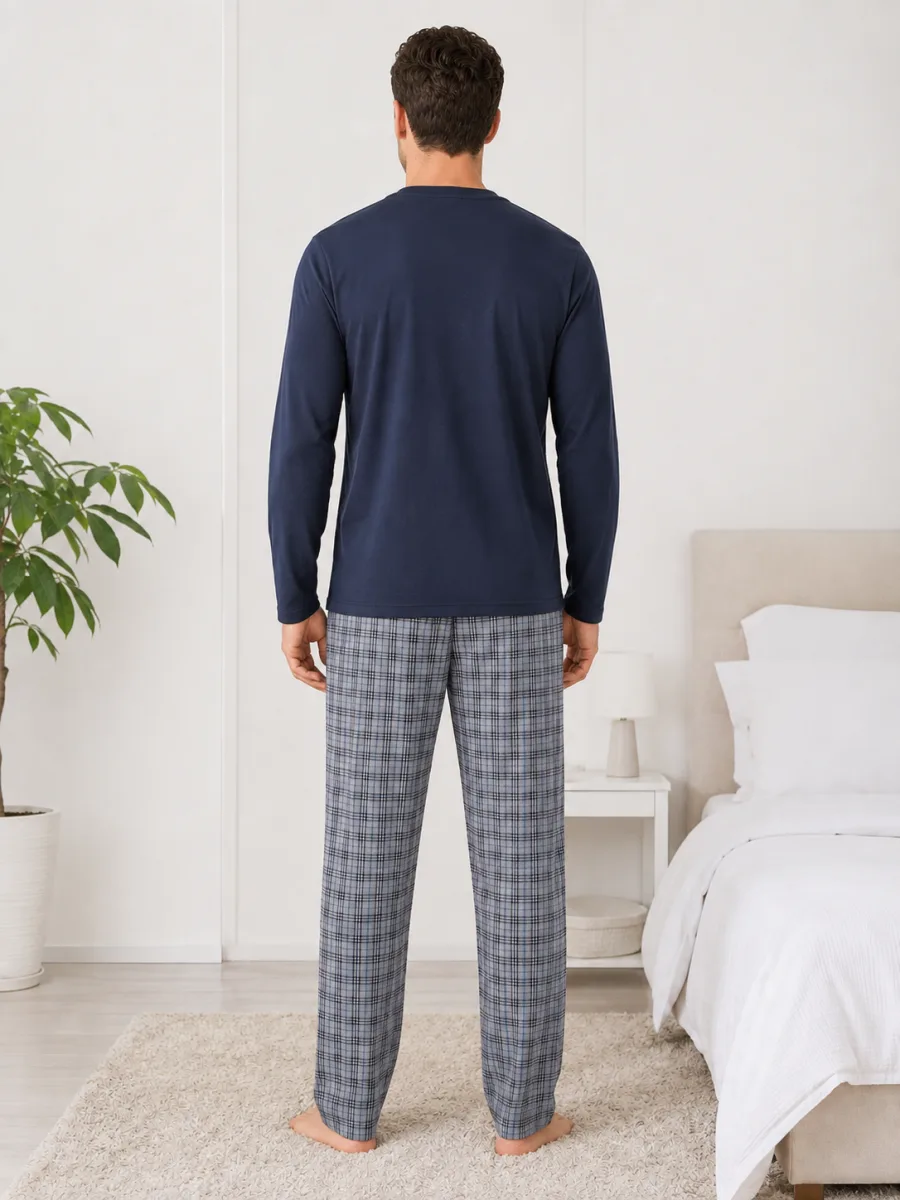 Pijama barbati Serena cu maneca lunga si pantalon lung -Bleumarin ,Engros — Görsel 4