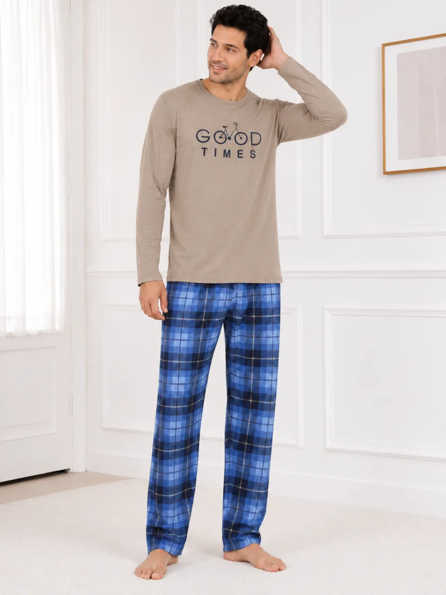 Pijama barbati Serena cu maneca lunga si pantalon lung-Bej ,Engros — Image 2