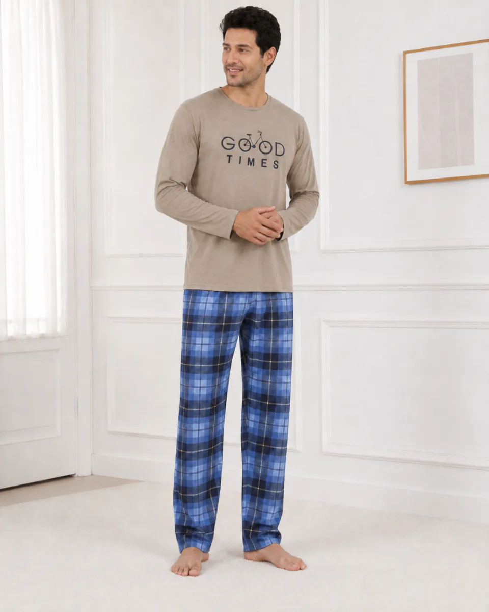Pijama barbati Serena cu maneca lunga si pantalon lung-Bej ,Engros — Image 3