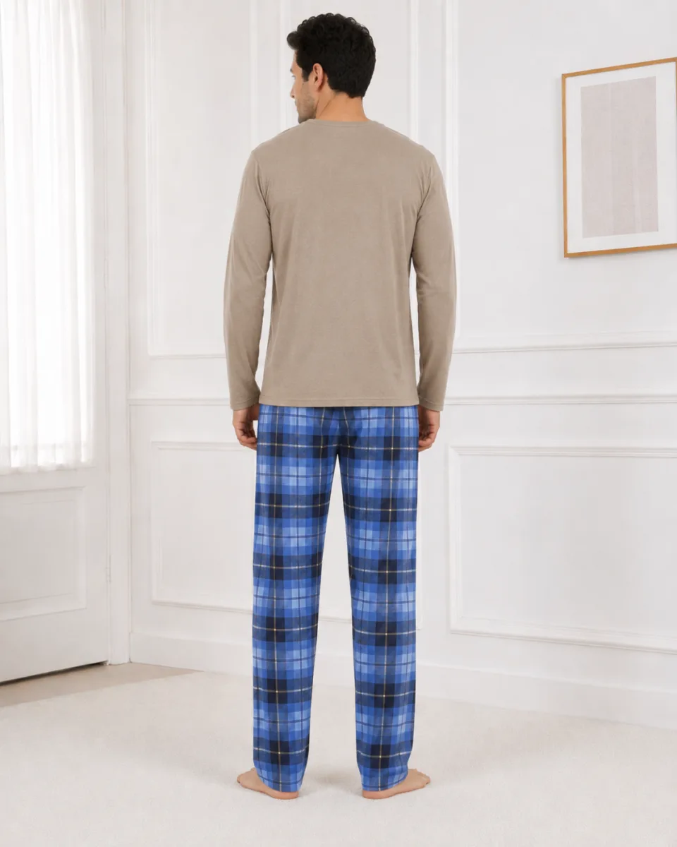 Pijama barbati Serena cu maneca lunga si pantalon lung-Bej ,Engros — Image 4