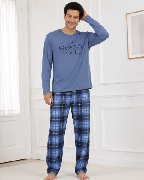 Pijama barbati Serena cu maneca lunga si pantalon lung-Albastru prafuit,Engros