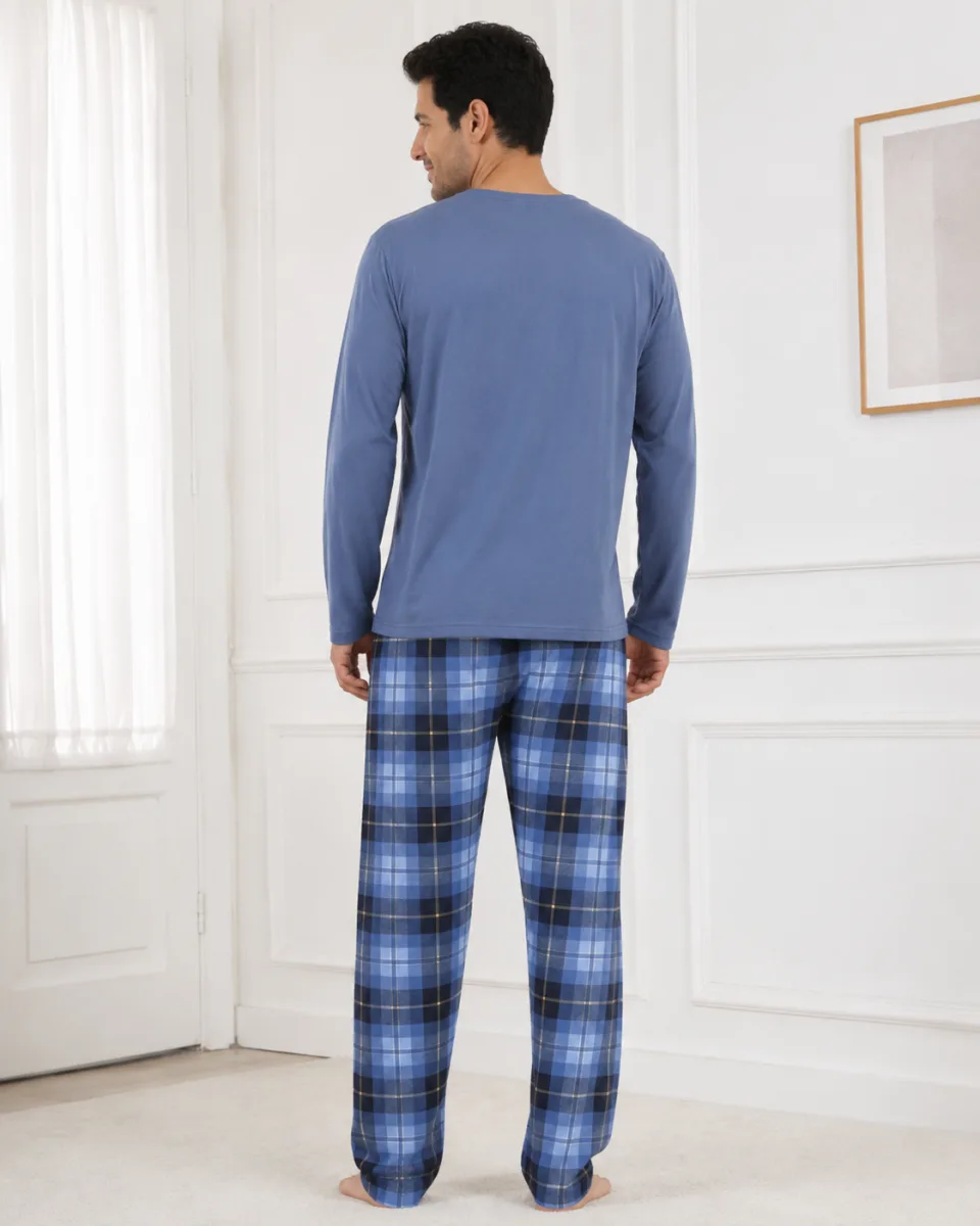 Pijama barbati Serena cu maneca lunga si pantalon lung-Albastru prafuit,Engros — Image 3