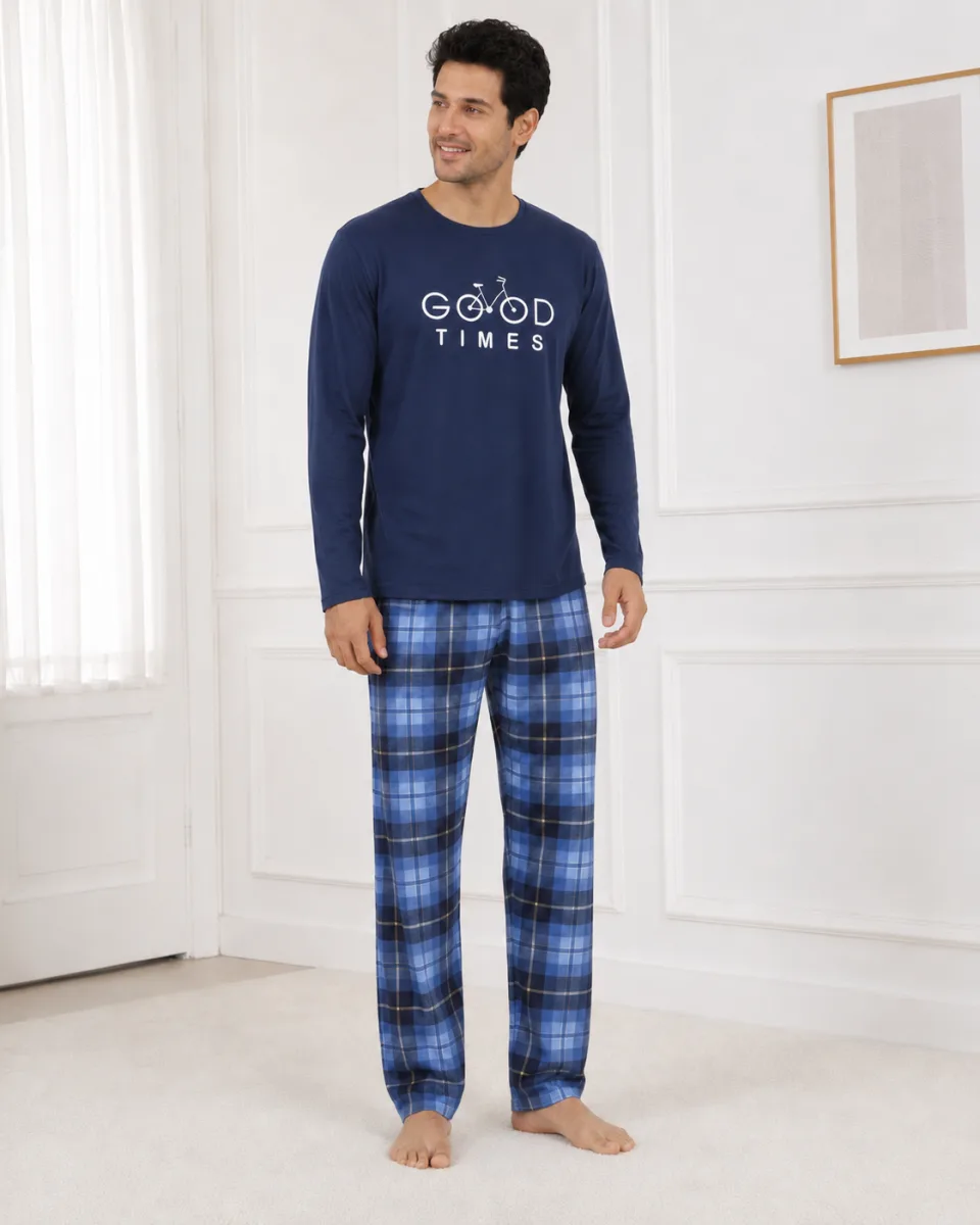 Pijama barbati Serena cu maneca lunga si pantalon lung,Bleumarin,Engros — Görsel 2