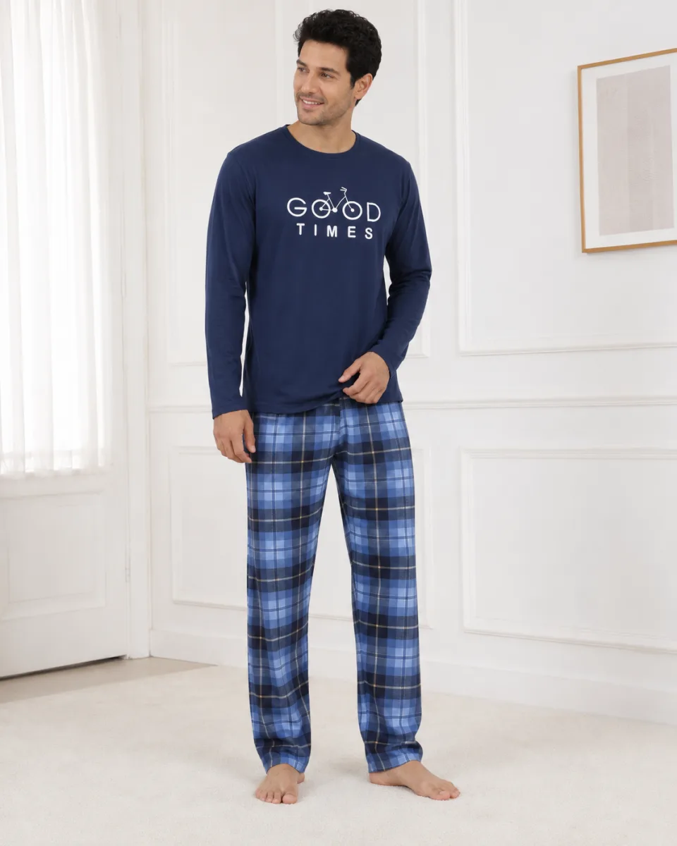 Pijama barbati Serena cu maneca lunga si pantalon lung,Bleumarin,Engros — Görsel 3