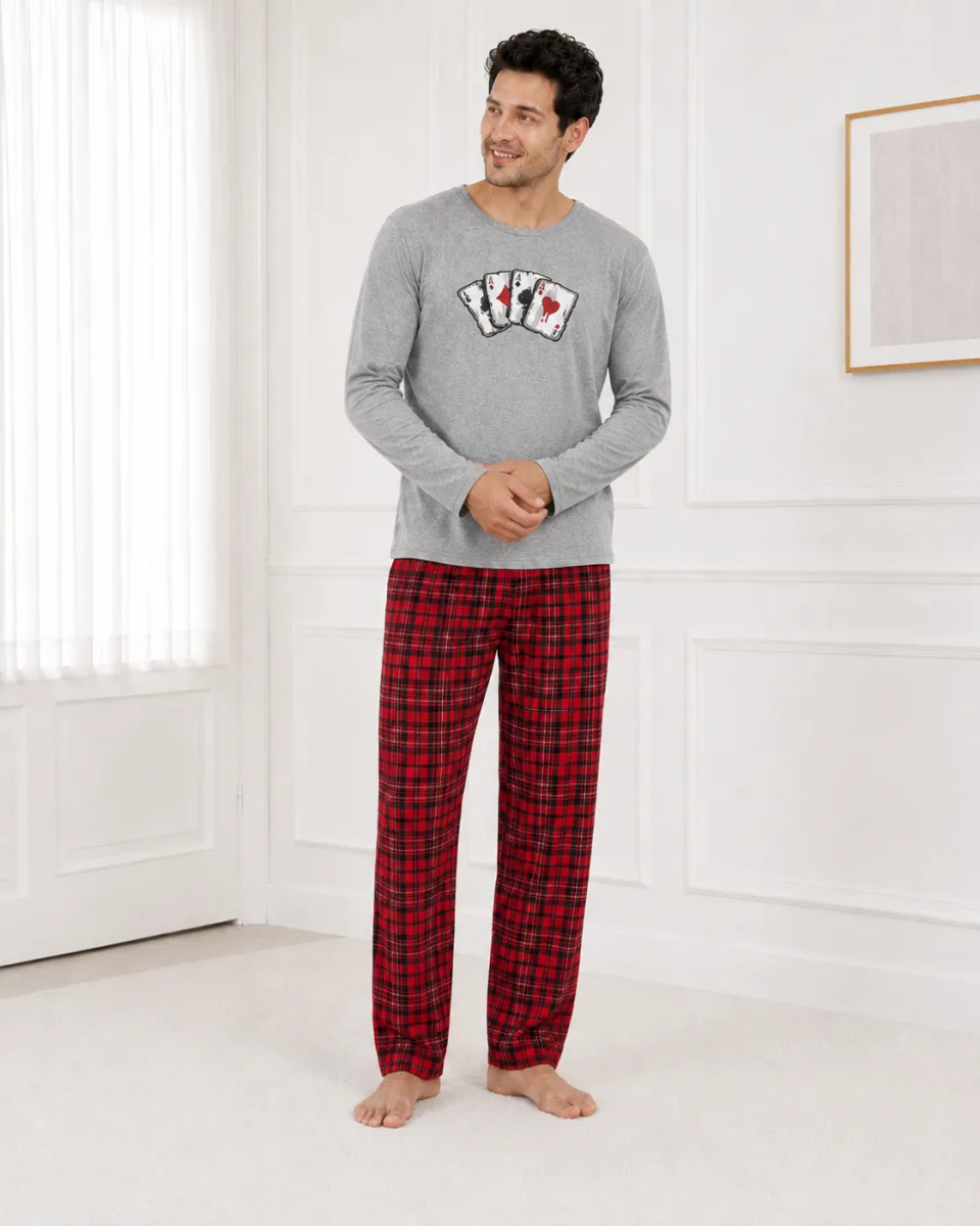 Pijama barbati Serena cu maneca lunga si pantalon lung- Gri,Engros — Image 2