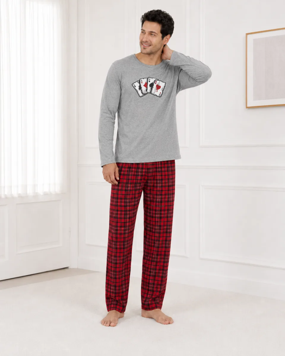 Pijama barbati Serena cu maneca lunga si pantalon lung- Gri,Engros — Image 3