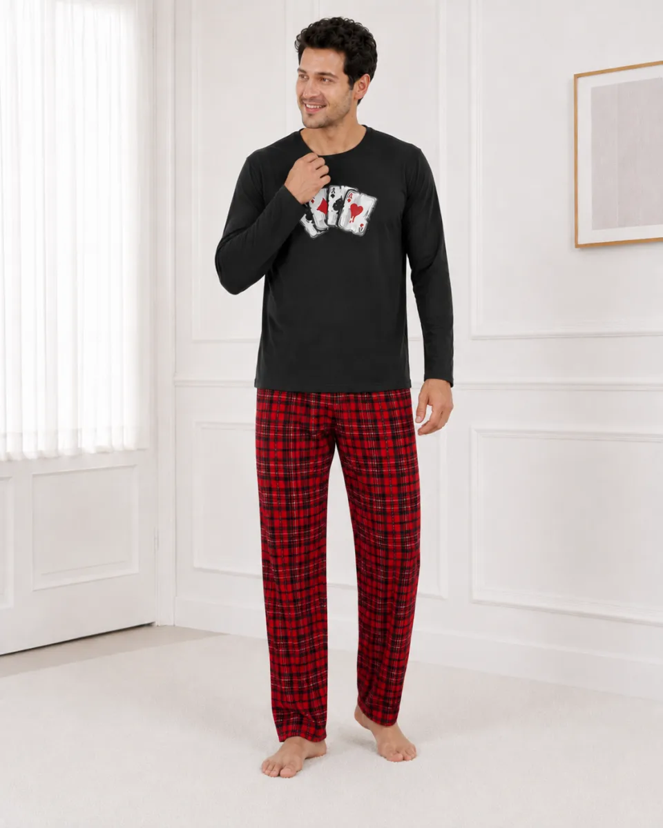 Pijama barbati Serena cu maneca lunga si pantalon lung- Negru,Engros — Image 1