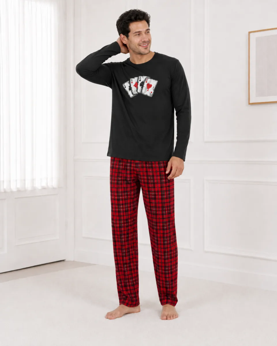 Pijama barbati Serena cu maneca lunga si pantalon lung- Negru,Engros — Image 2