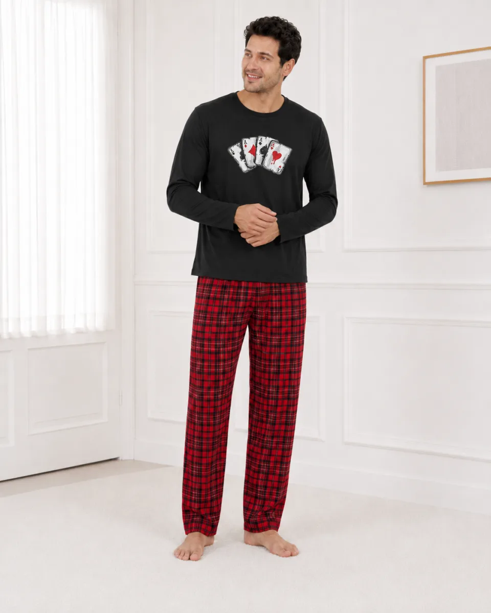 Pijama barbati Serena cu maneca lunga si pantalon lung- Negru,Engros — Image 3