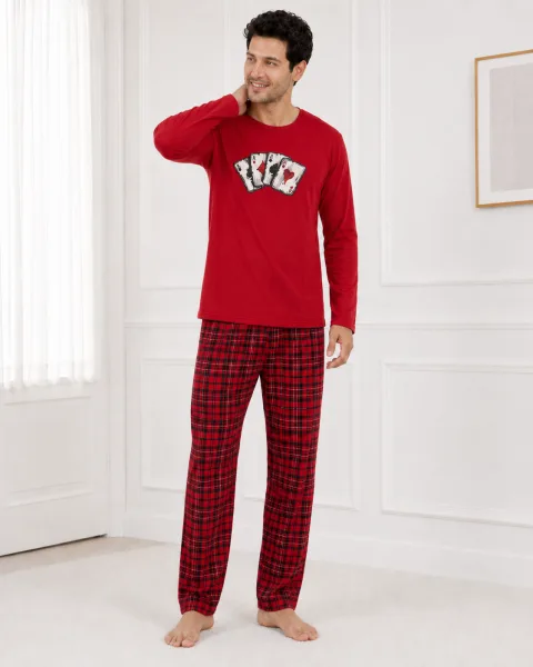 Pijama barbati Serena cu maneca lunga si pantalon lung- Rosu,Engros