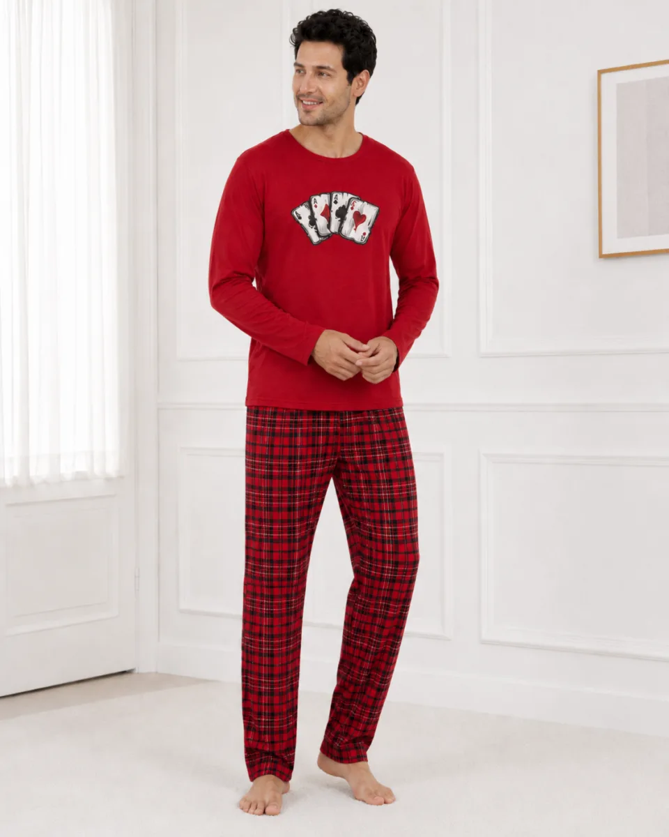 Pijama barbati Serena cu maneca lunga si pantalon lung- Rosu,Engros — Imaginea 2