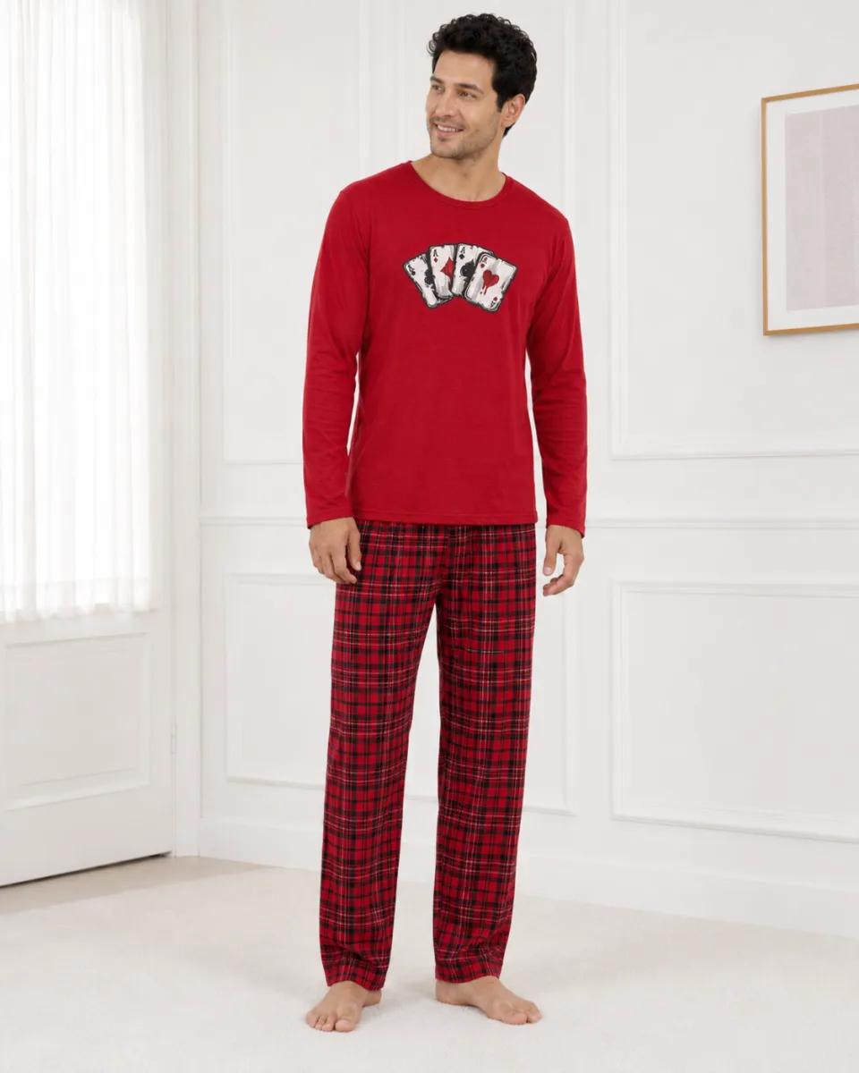 Pijama barbati Serena cu maneca lunga si pantalon lung- Rosu,Engros — Imaginea 3