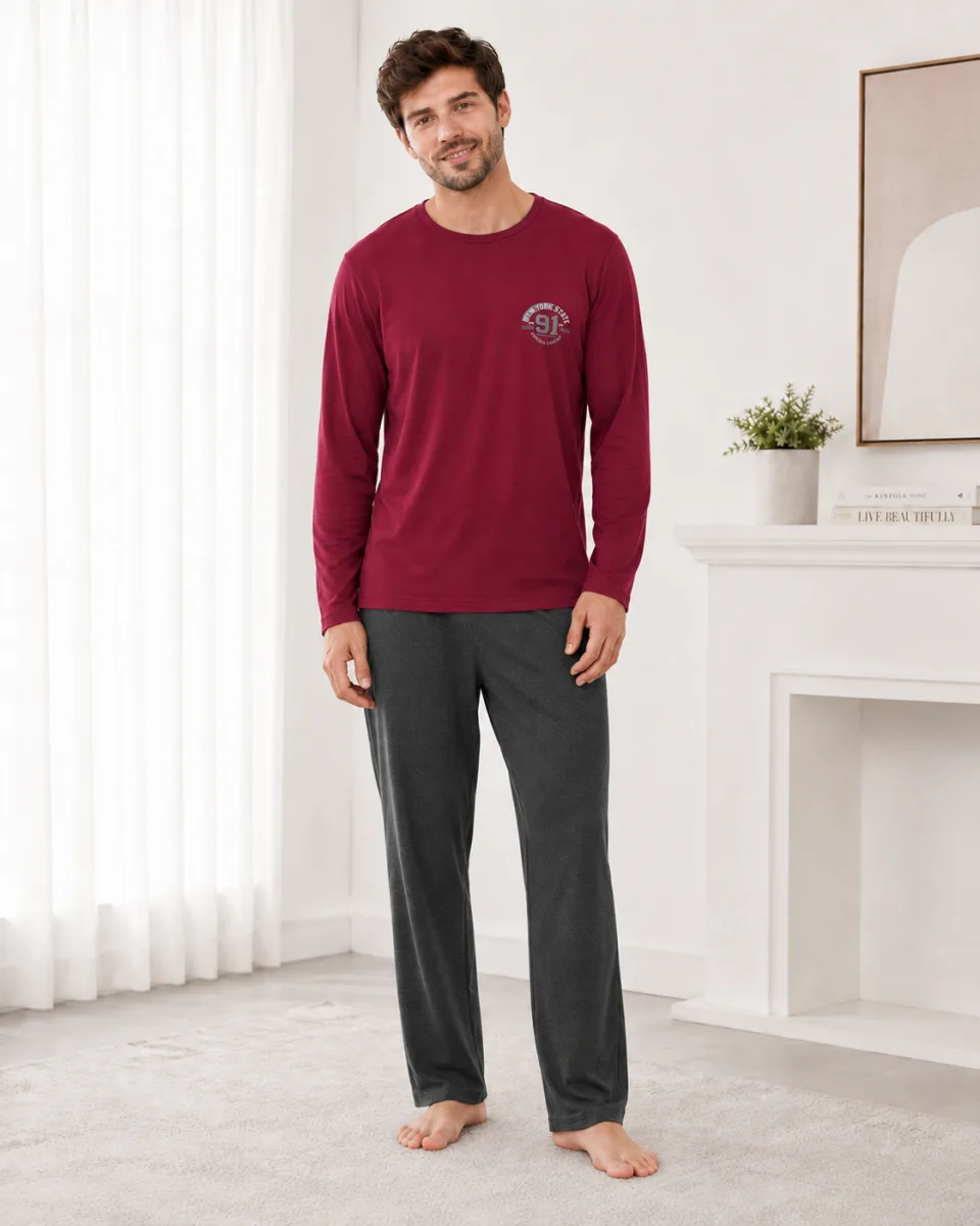 Pijama barbati Serena cu maneca lunga si pantalon lung- Bordo,Engros — Image 2