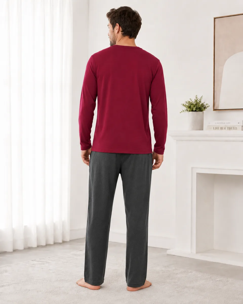 Pijama barbati Serena cu maneca lunga si pantalon lung- Bordo,Engros — Image 3