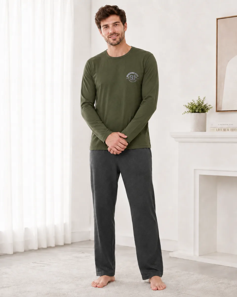 Pijama barbati Serena cu maneca lunga si pantalon lung- Verde,Engros — Imaginea 2