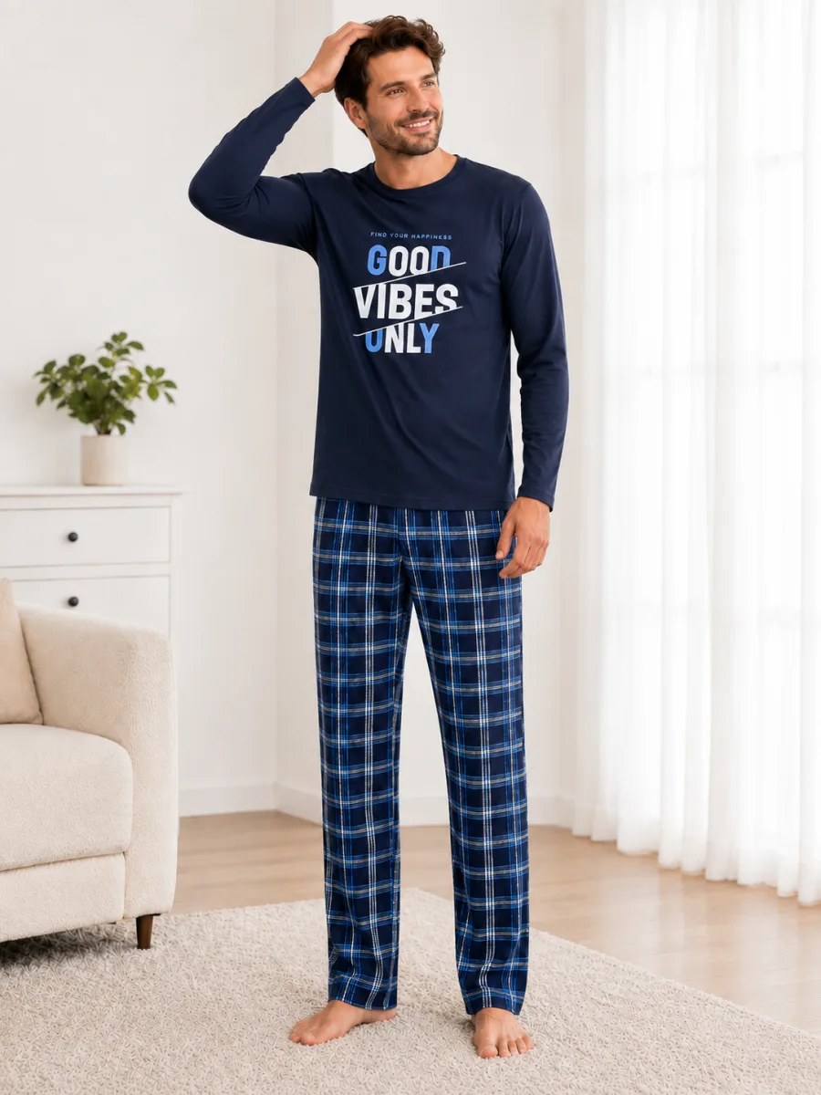 Pijama barbati Serena cu maneca lunga si pantalon lung- Bleumarin,Engros — Image 1