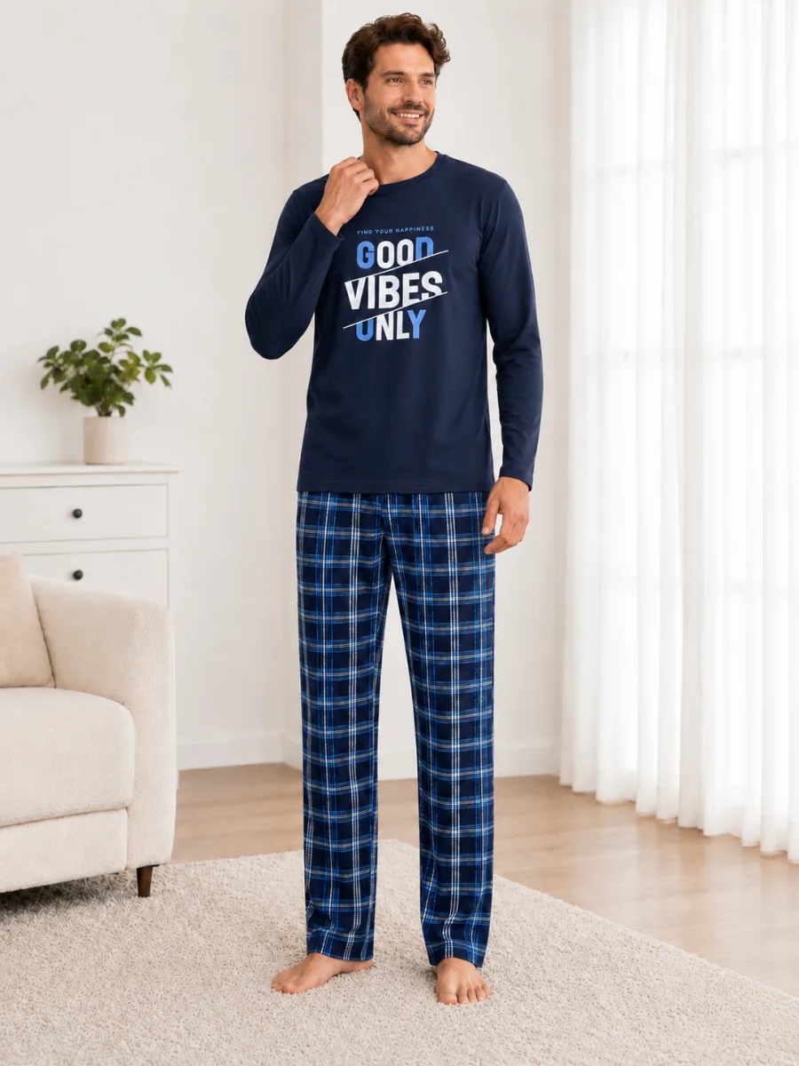 Pijama barbati Serena cu maneca lunga si pantalon lung- Bleumarin,Engros — Image 2