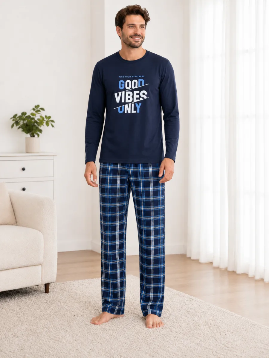 Pijama barbati Serena cu maneca lunga si pantalon lung- Bleumarin,Engros — Image 3