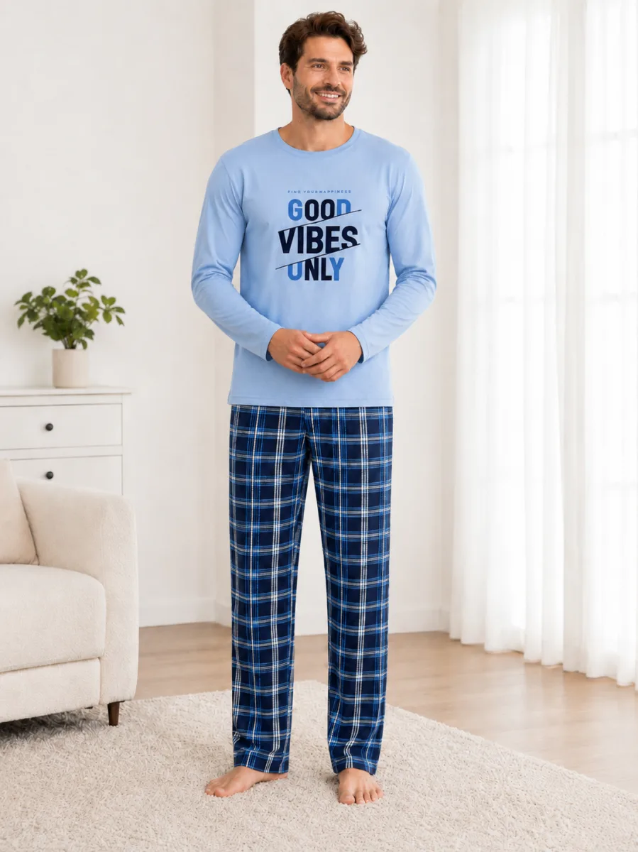 Pijama barbati Serena cu maneca lunga si pantalon lung- Bleu,Engros — Imaginea 2