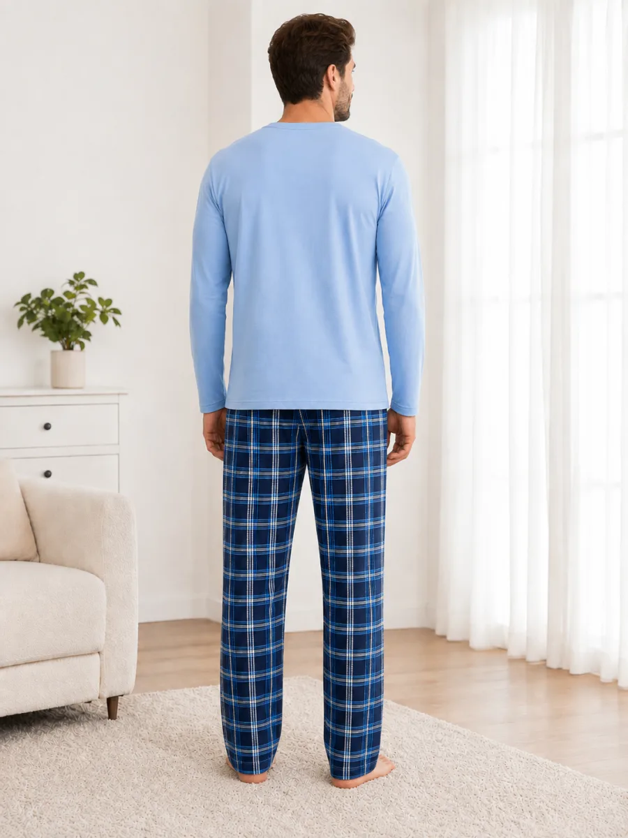 Pijama barbati Serena cu maneca lunga si pantalon lung- Bleu,Engros — Imaginea 3