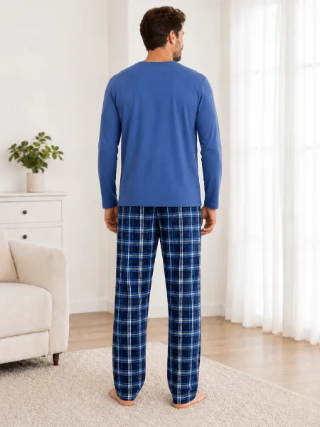 Pijama barbati Serena cu maneca lunga si pantalon lung- Albastru,Engros