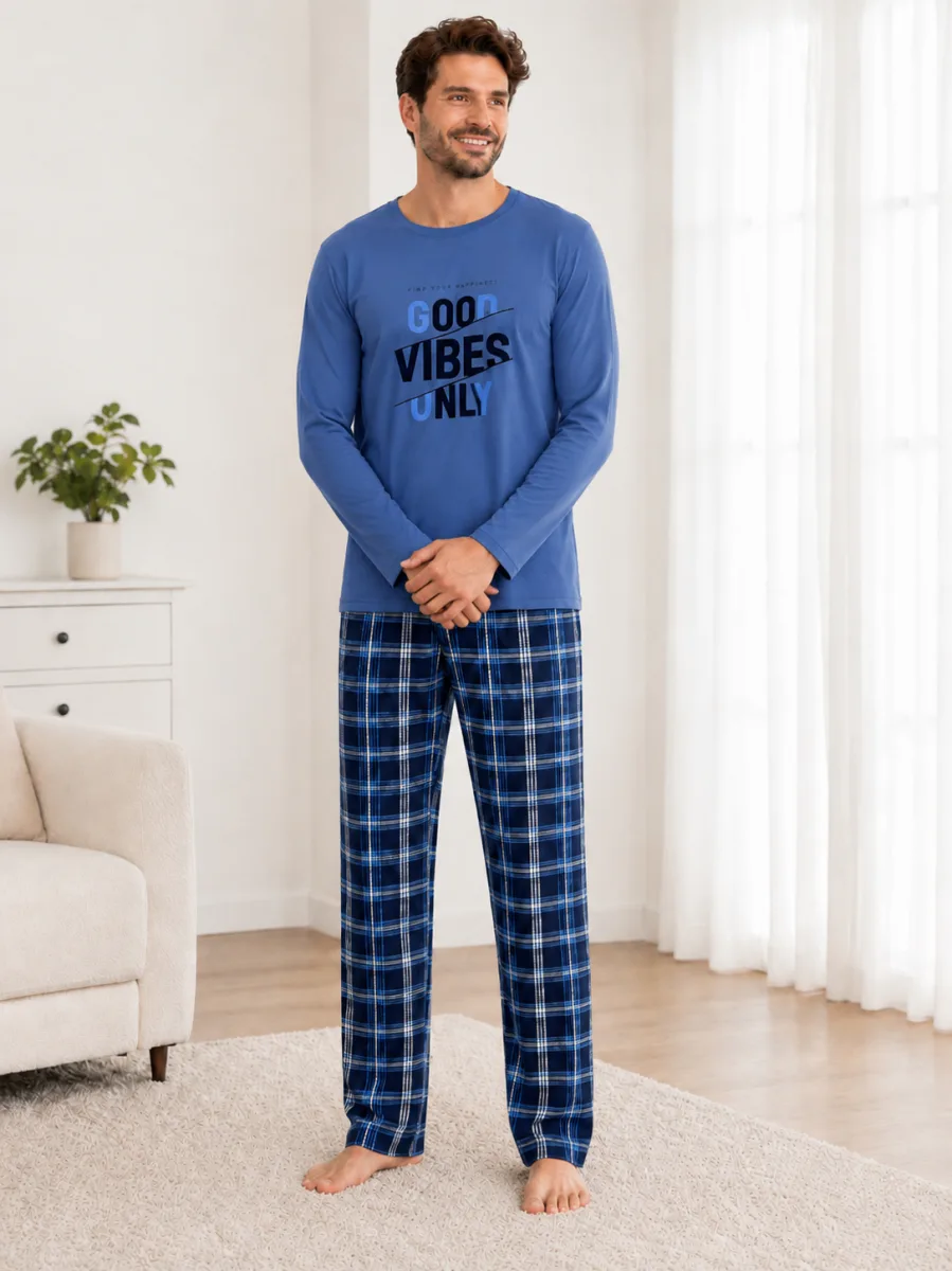 Pijama barbati Serena cu maneca lunga si pantalon lung- Albastru,Engros — Görsel 3