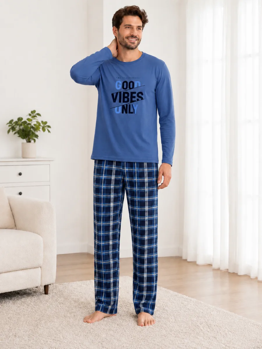 Pijama barbati Serena cu maneca lunga si pantalon lung- Albastru,Engros — Görsel 4