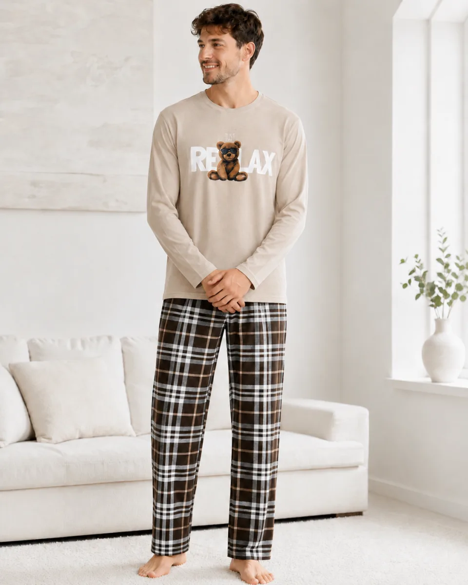 Pijama barbati Serena cu maneca lunga si pantalon lung- Bej,Engros — Görsel 1