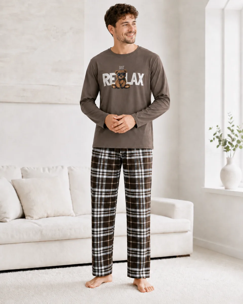 Pijama barbati Serena cu maneca lunga si pantalon lung- Maro,Engros — Image 2